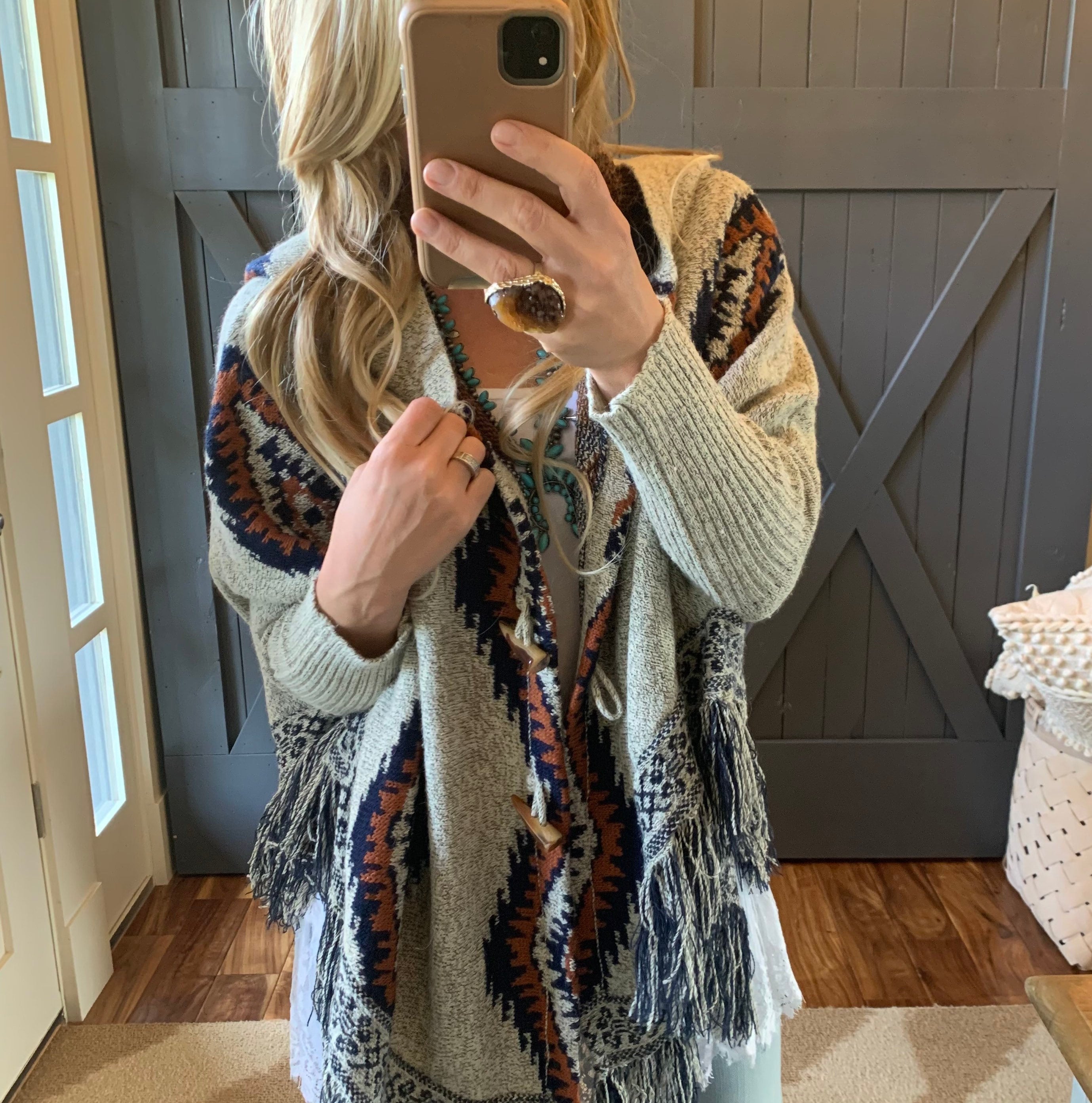 Fringe Hem Aztec Cardigan: Toggle Front Hooded Blanket Sweater - Etsy