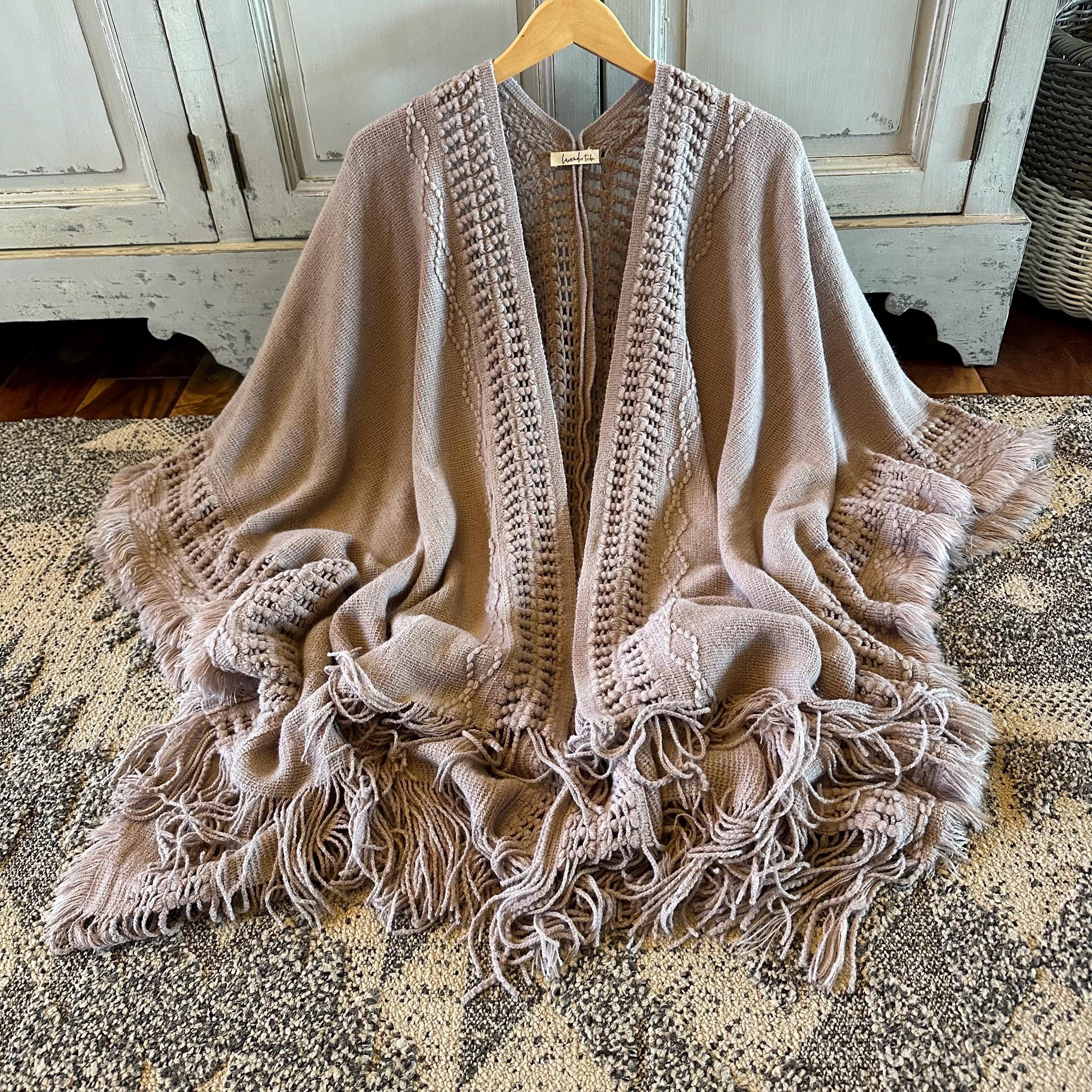 Boho Crochet Knit Kimono Cardigan: Handmade Grey Fringed Cotton Blend