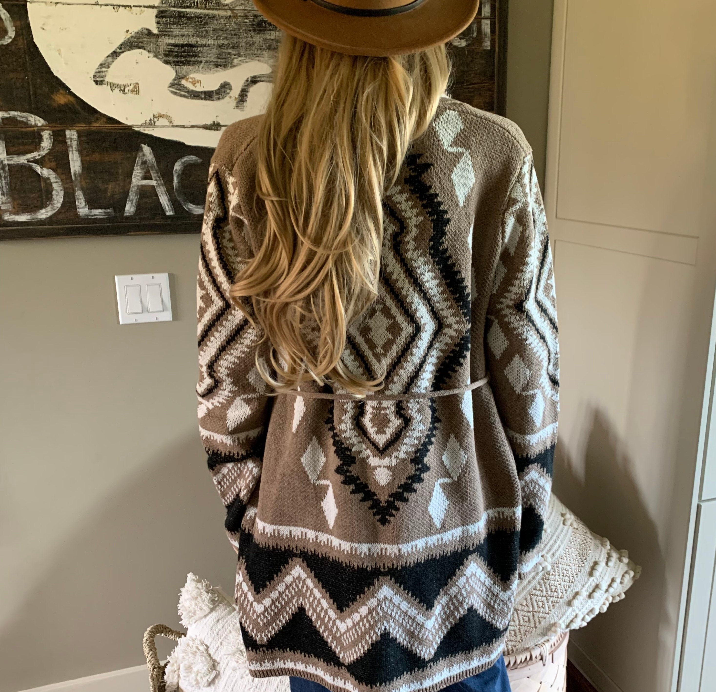 New Women's Boho Tribal Print Grey Long Cardigan Sweater