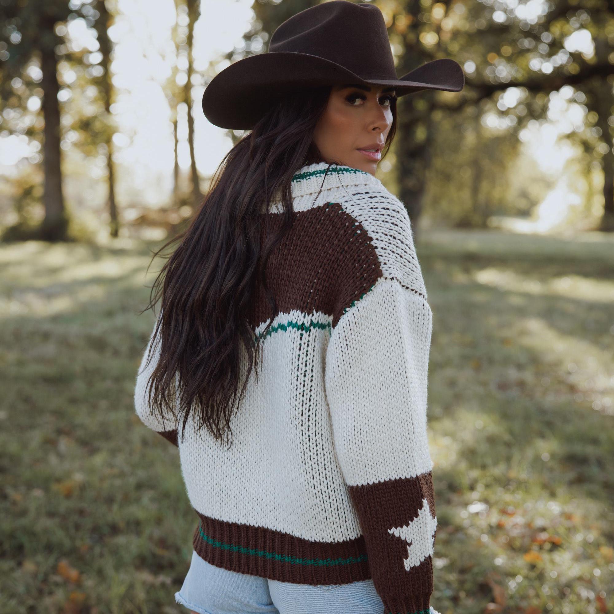 Handmade Chunky Knit Cardigan Sweater: Western Horse Design