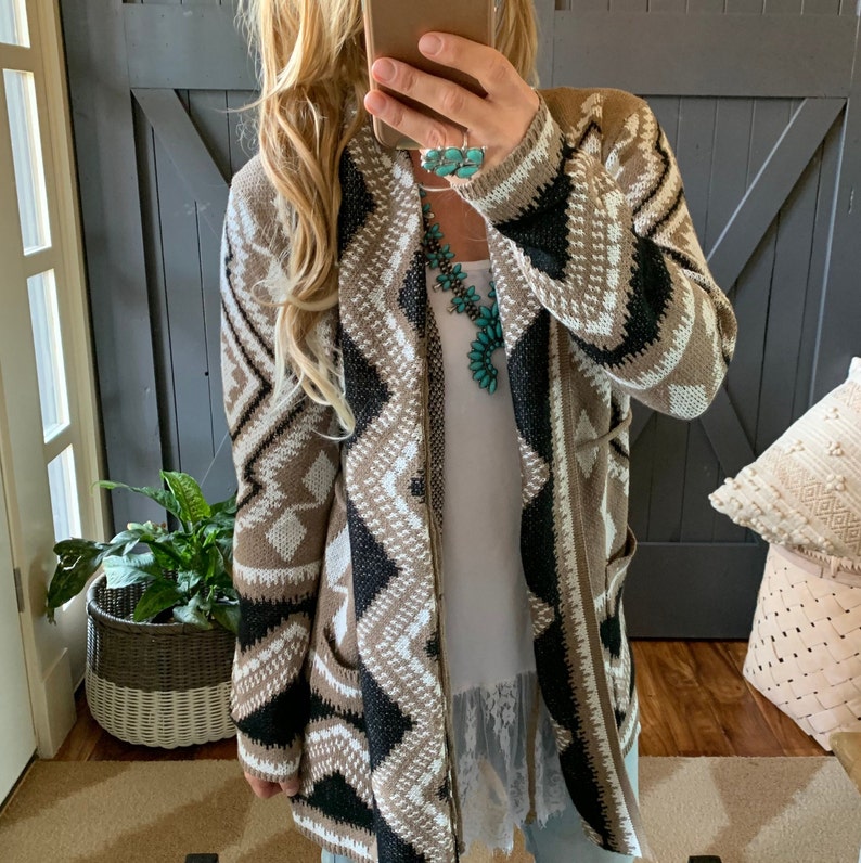 New Women's Boho Tribal Print Grey Long Cardigan Sweater - Etsy