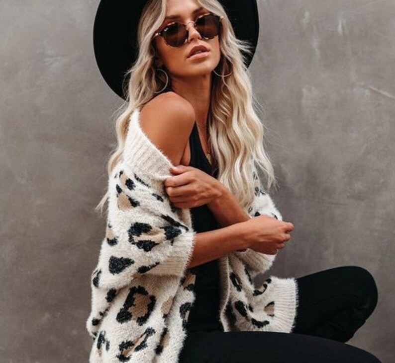 New Cozy Leopard Oversized Fuzzy Cardigan Sweater Top Boho Animal Print Vintage Inspired ~ Women/'s Small to XL