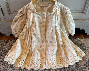 Handmade Floral Cottage Natural Cotton Linen Feminine Blouse, Boho Top by Lavender Tribe Design