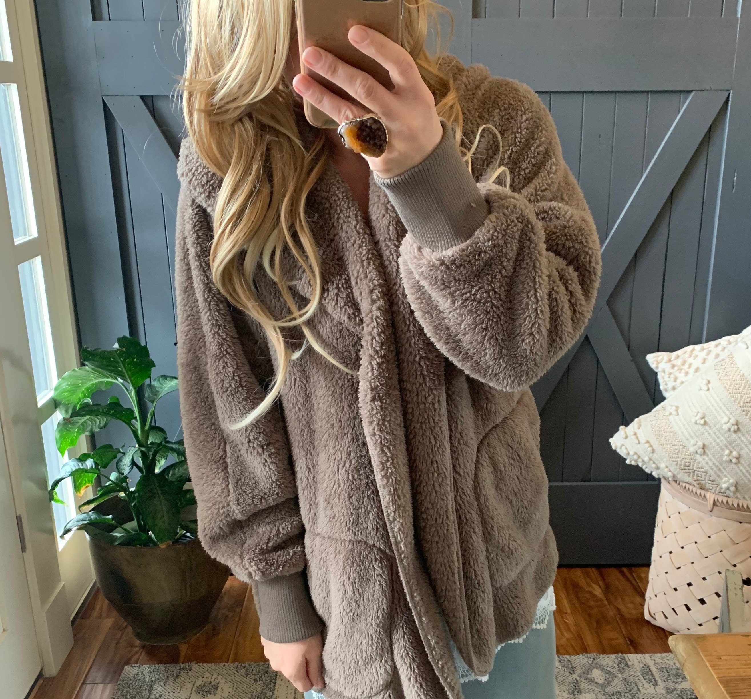 New Women s Oversized Teddy Brown Hooded Cardigan Sweater Sherpa