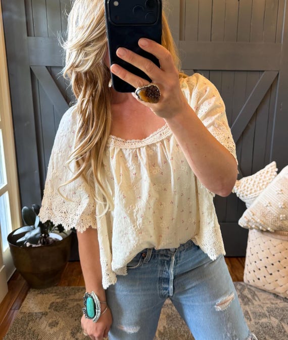 Handmade Floral Cottage Natural Cotton Floral Feminine Blouse, Boho Top by Lavender Tribe Design