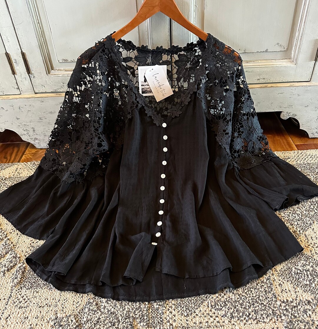 New Bohemian Black Lace 3/4 Sleeve Button Front Floral Romantic Blouse ...