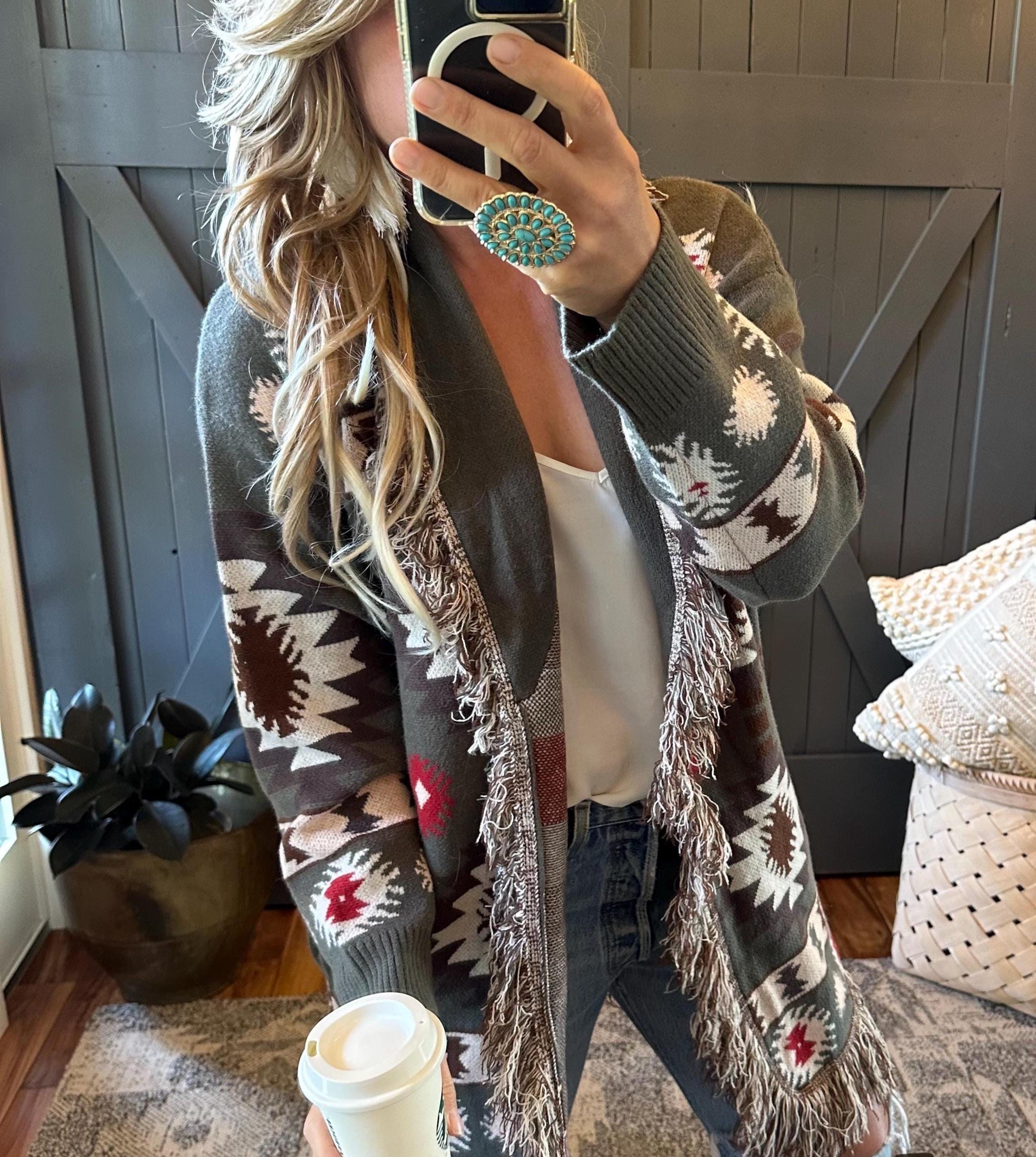 Aztec Fringe Cardigan Sweater: Handmade Western Boho Jacket by