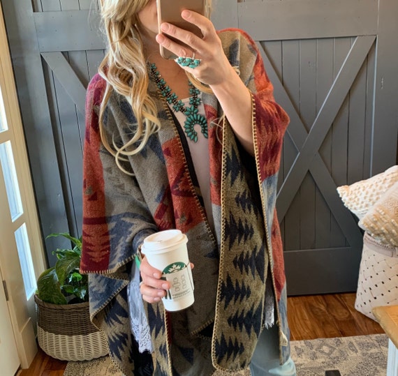 New Aztec Geometric Cozy Poncho Blanket 