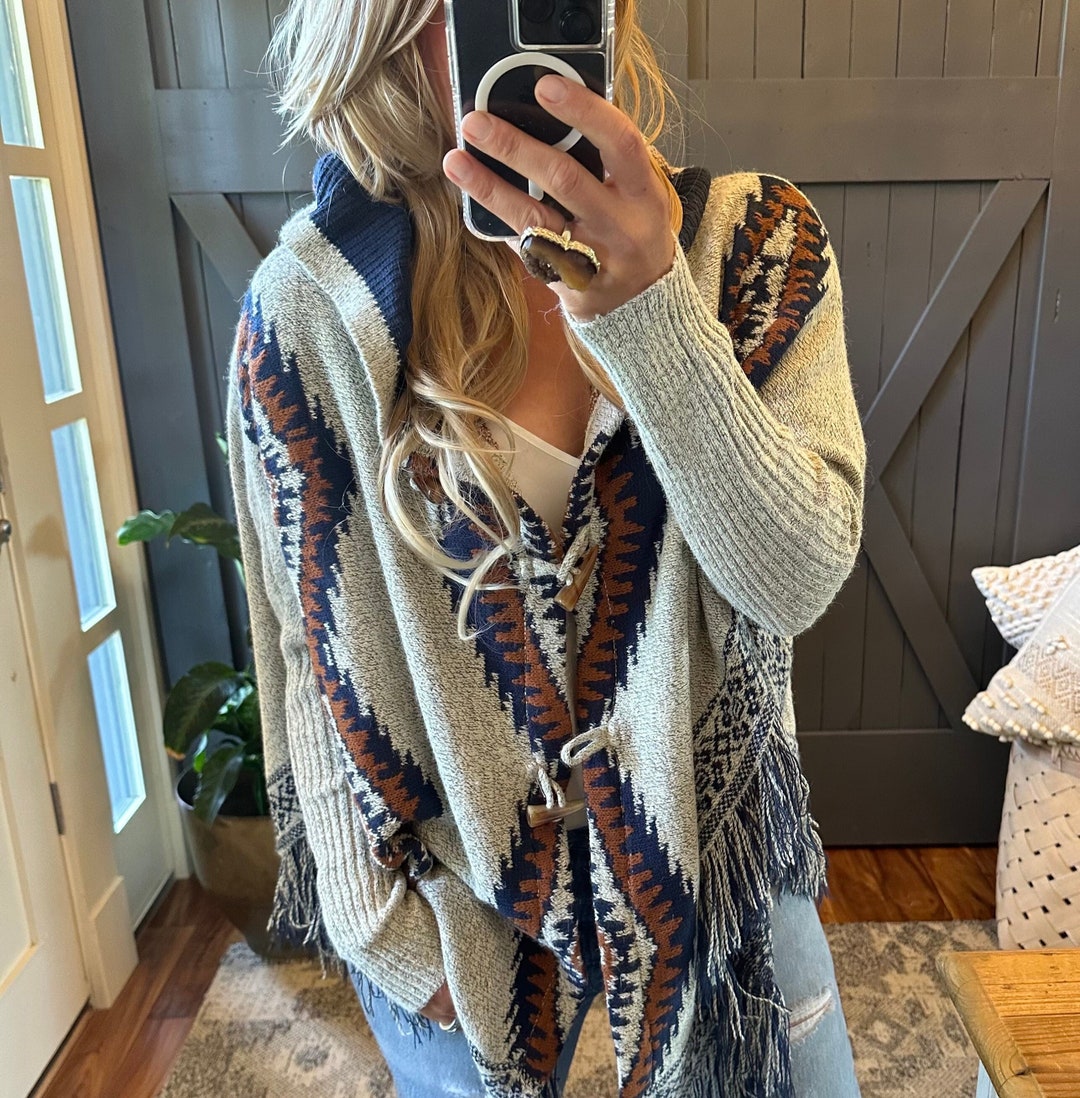 Fringe Hem Hooded Cardigan: Western Aztec Blanket Sweater