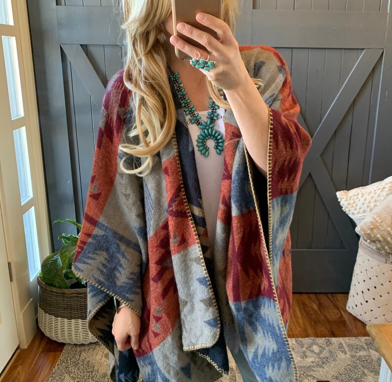 New Aztec Geometric Cozy Poncho Blanket Cardigan Sweater Etsy
