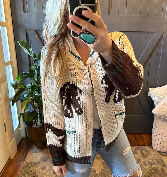 New Handmade Chunky Soft Knit Horse Print Cardigan Sweater