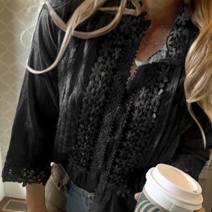 The Stellan Black Lace Blouse by Lavender Tribe Design Bohemian 3/4 Sleeve Button Front Women's Handmade Top 5 Sizes Small to XXL image 2