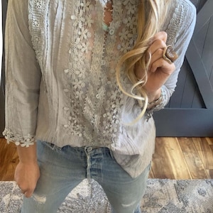 Lavender Tribe Design Stellan Bohemian Grey Lace 3/4 Sleeve Grey Button Front Floral Romantic Blouse Women's Top 5 Sizes Small to XXL image 2