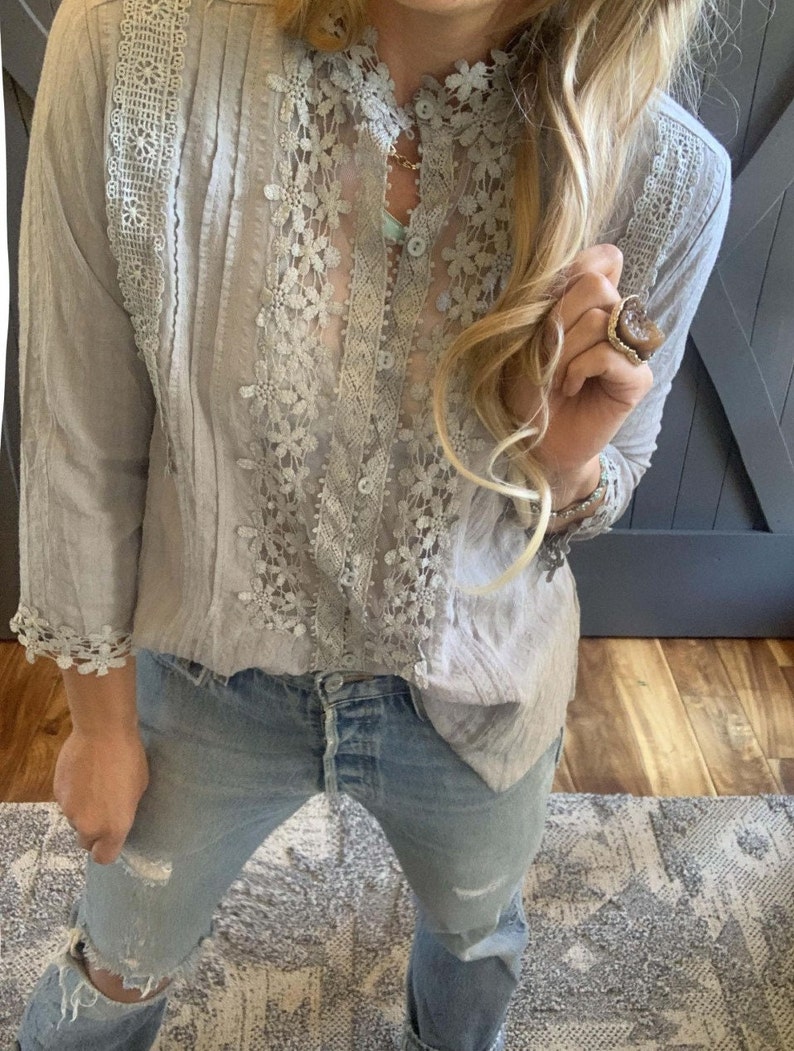Lavender Tribe Design Stellan Bohemian Grey Lace 3/4 Sleeve Grey Button Front Floral Romantic Blouse Women's Top 5 Sizes Small to XXL image 2