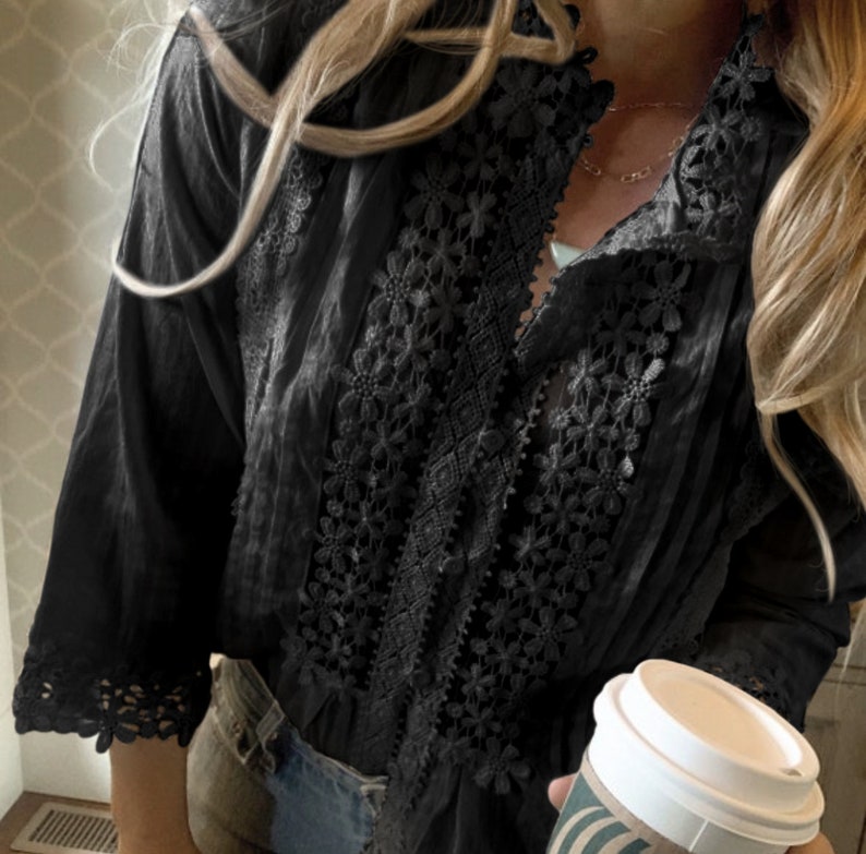 The Stellan Black Lace Blouse by Lavender Tribe Design Bohemian 3/4 Sleeve Button Front Women's Handmade Top 5 Sizes Small to XXL image 9