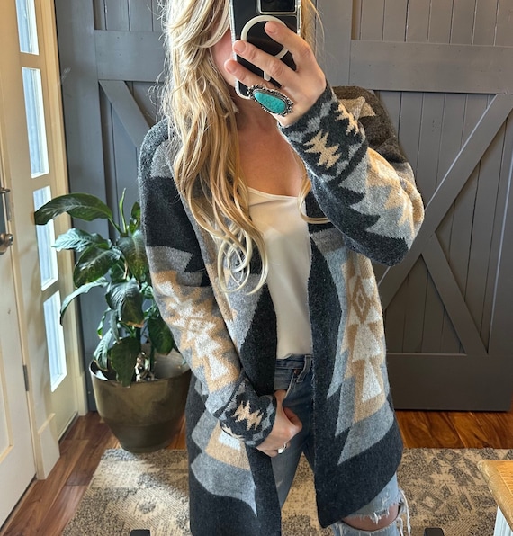 The Emory Aztec Western Print Grey Long Cardigan Sweater Coat by Lavender Tribe Design Southwest Cowichan Inspired Women s Sizes Small to XL Etsy