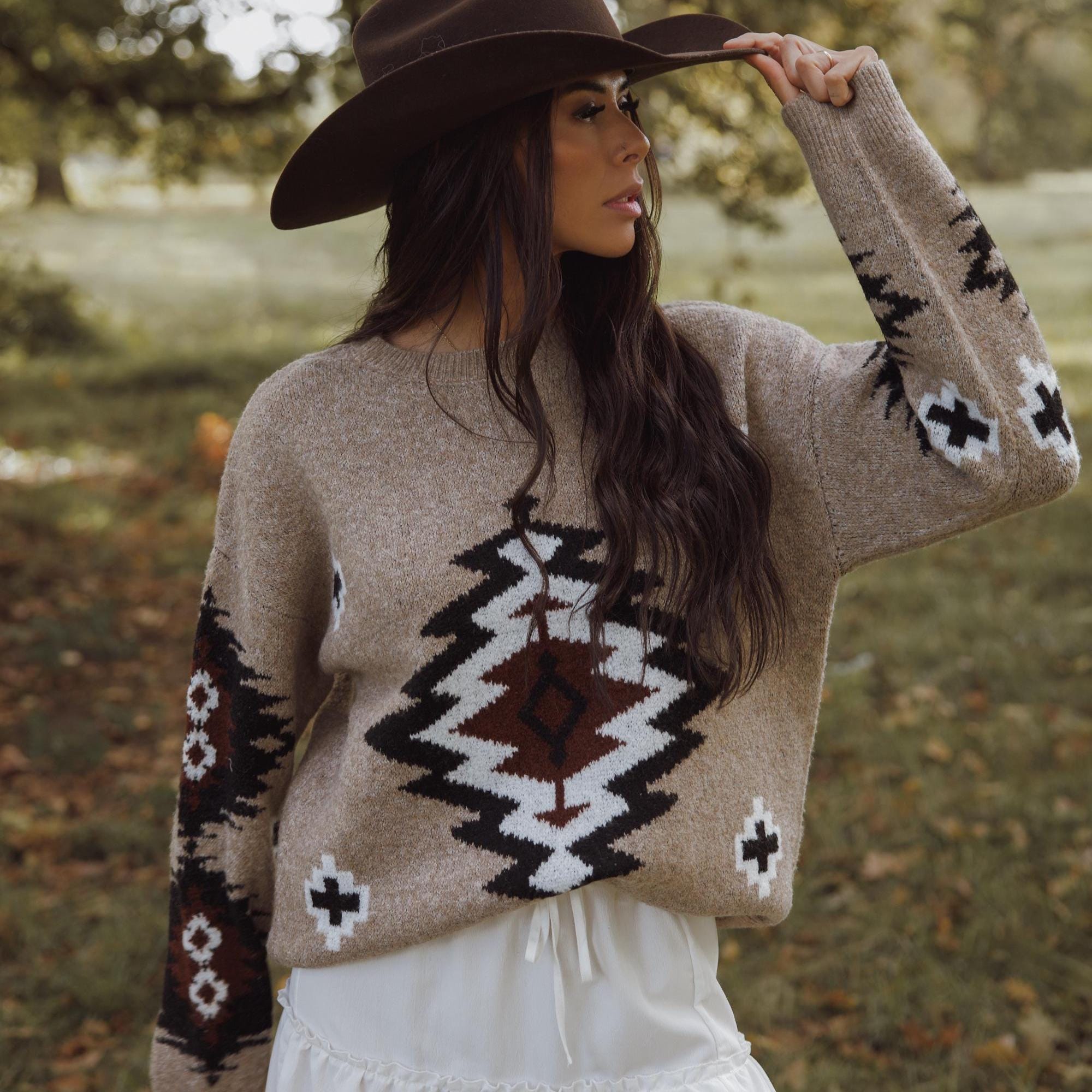 Handmade Western Aztec Print Pullover Sweater: Boho 