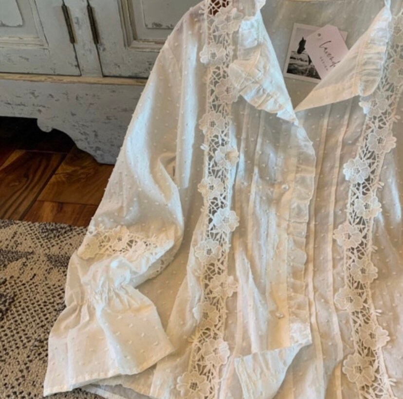 New Women's Folk White Lace Long Sleeve Button Front Floral
