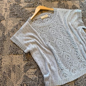 May include: A light blue knit top with a detailed openwork design on the front. The short-sleeved top is hanging on a wooden hanger. The knitwear features a round neckline and a delicate, airy pattern.