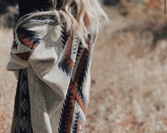 Aztec Print Cardigan: Grey Western Blanket Sweater, Handmade by