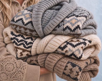 Heirloom Shawl Collar Chunky Knit Cardigan: Fair Isle Boho Grandpa Sweater by Lavender Tribe Design