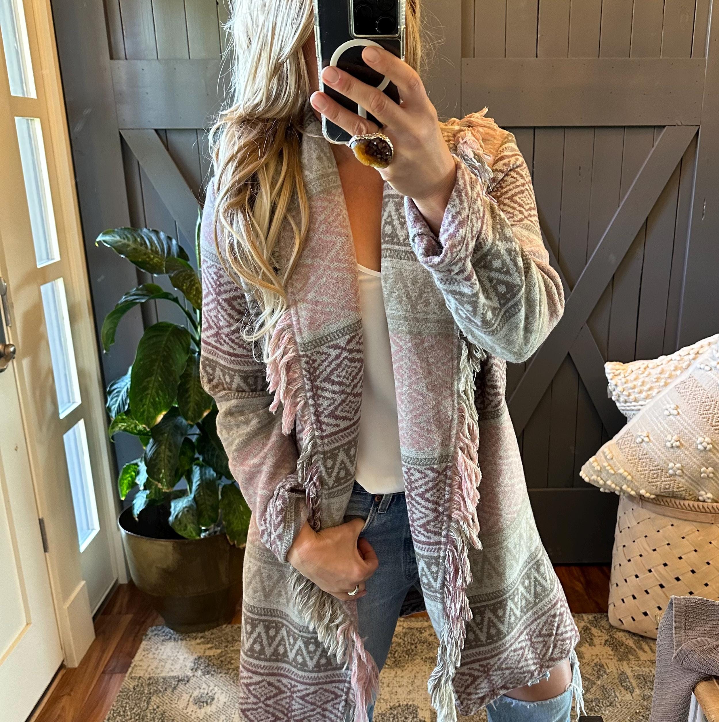 ジャケット・アウター vintage fringe design maxi coat cardigan Native Western Fringe Sweater Coat, Southwest Boho Print