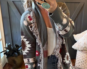 ジャケット・アウター vintage fringe design maxi coat cardigan Aztec Fringe Cardigan Sweater: Handmade Western Boho Jacket by