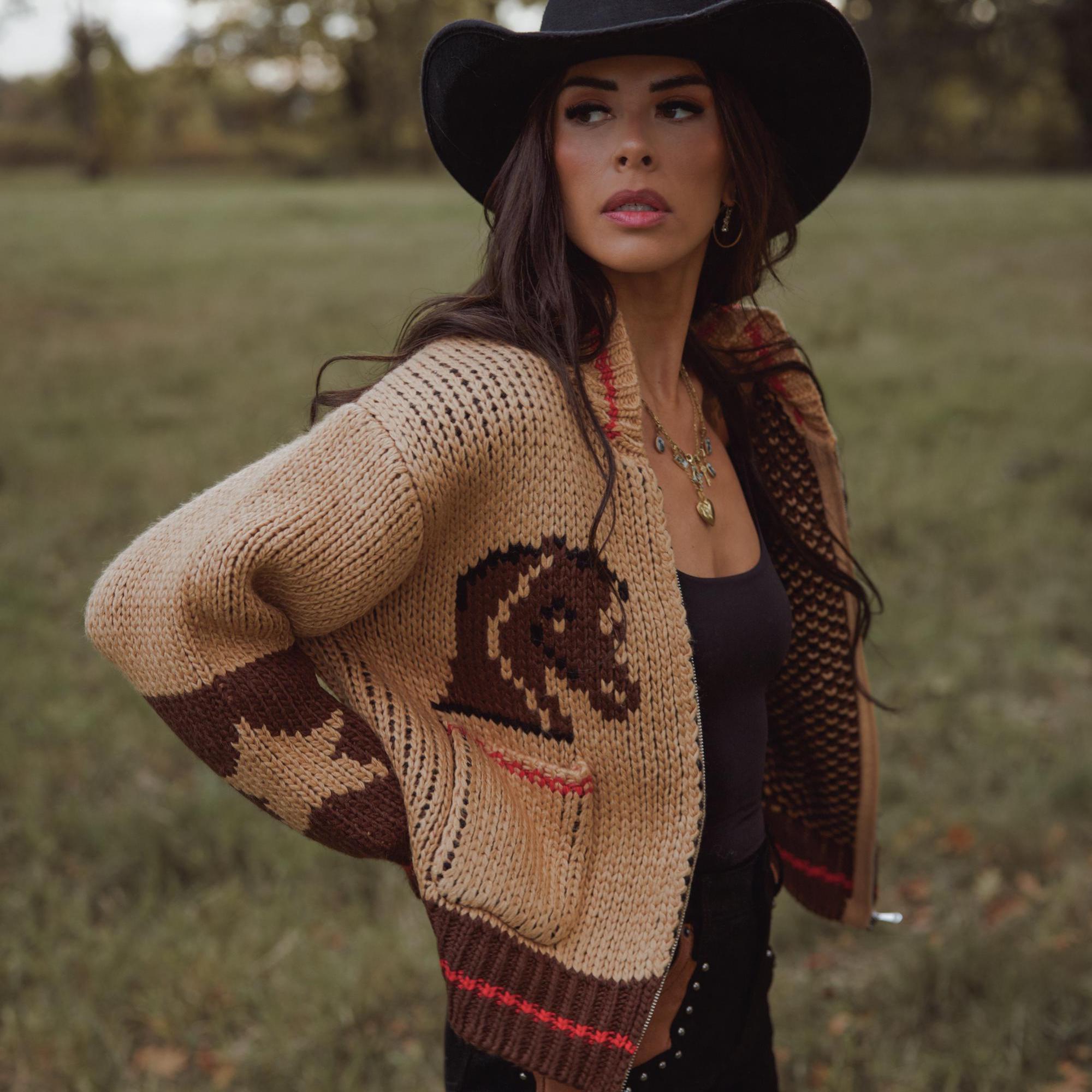 Handmade Western Print Knit Jacket: County Horse Design Cardigan