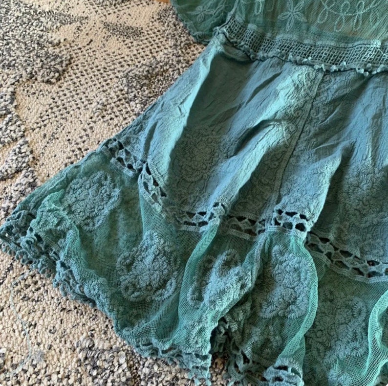 De Hailey Teal gehaakte kanten blouse van Lavender Tribe Design V-hals Turquoise handgemaakte Boho dameskleding Top One Size Fits Medium tot XL afbeelding 6