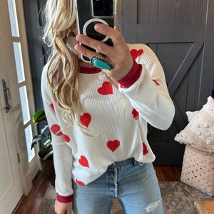 New Heart Print White Long Sleeve Waffle Weave Thermal Shirt Handmade Knit T-Shirt Valentine's Day Sweetheart Gift Women's Size Small to XXL