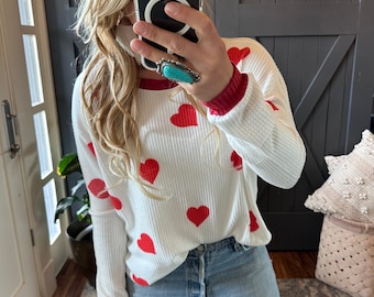 New Heart Print White Long Sleeve Waffle Weave Thermal Shirt Handmade Knit T-Shirt Valentine's Day Sweetheart Gift Women's Size Small to XXL