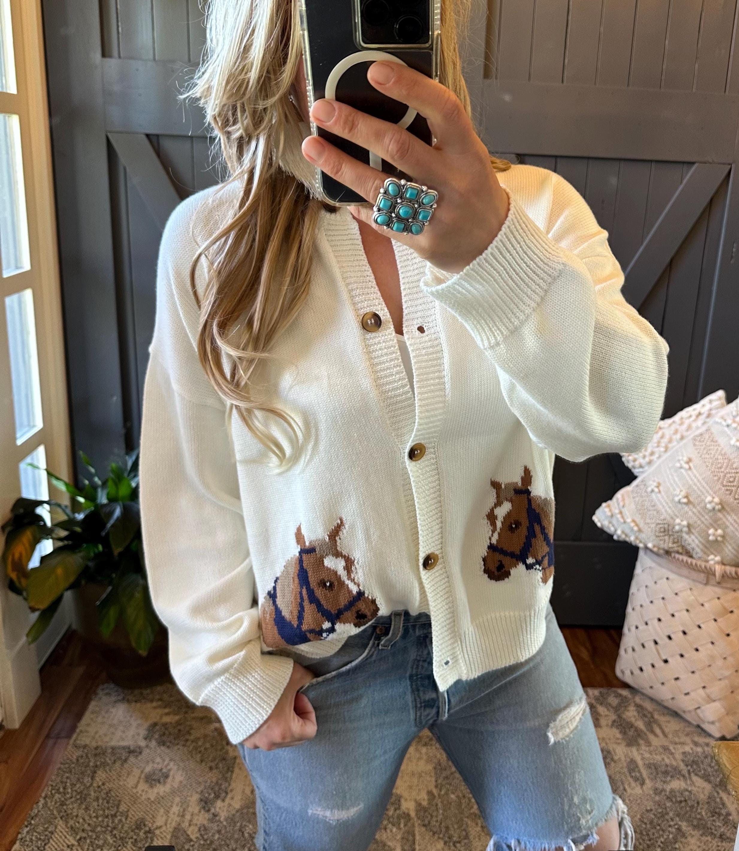 Horse Knit Cardigan: Western Rodeo Cotton Sweater by Lavender