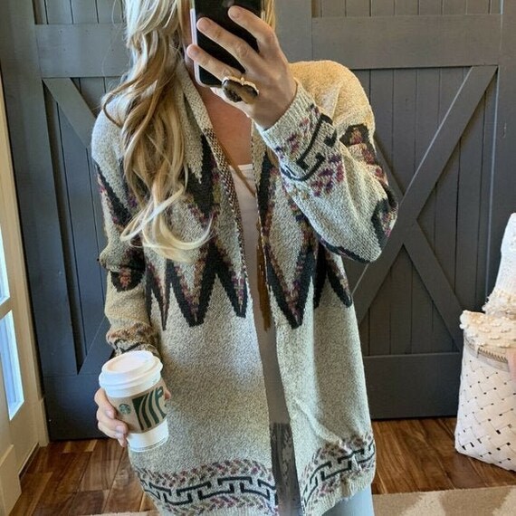 LavenderTribeDesign New Cozy Tribal Print Grey Native Cardigan Sweater Top Boho Blanket Western Cowichan Vintage Inspired ~ Women's Size Small to XL