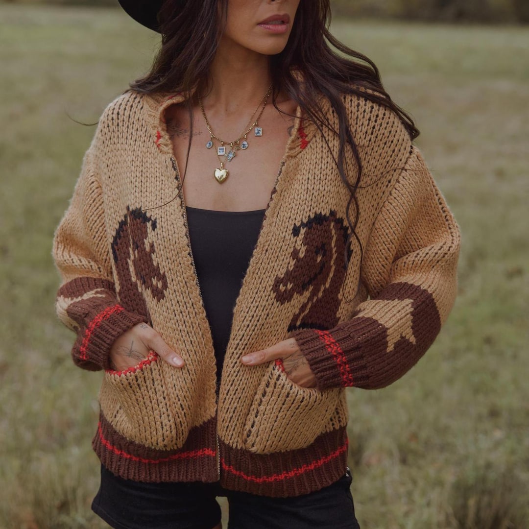Retro Rodeo Cardigan Handmade Horse Print Knit Cardigan: Western Rodeo Boho Handknit Jacket ...