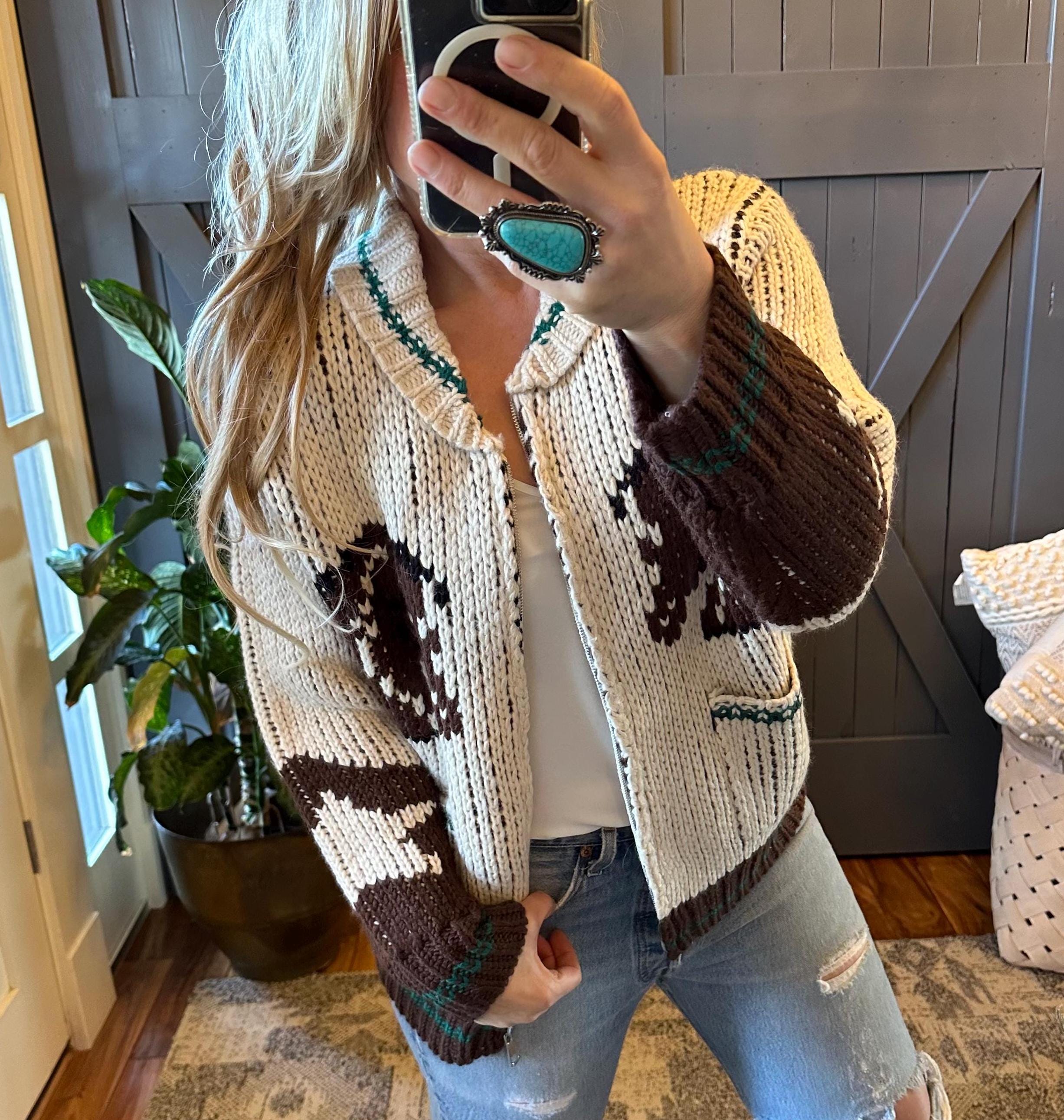 Handmade Western Knit Horse Cardigan: Knitted Sweater Jacket by
