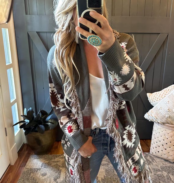Aztec Fringe Cardigan Sweater: Handmade Western Boho Jacket by
