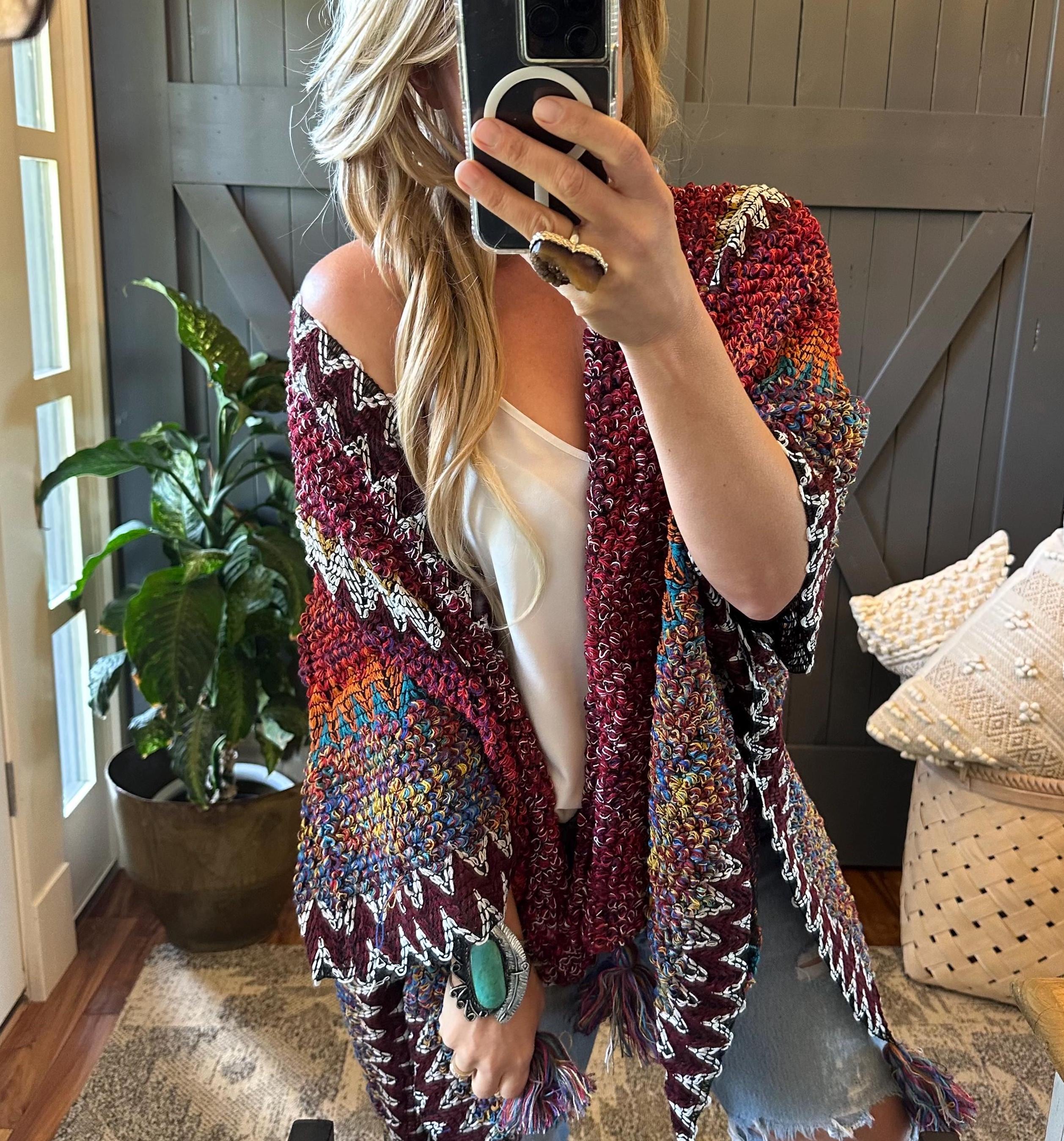 Red Robe Sweater Handmade Bohemian Lavender Tribe Cardigan, Loom Knit Red Tassel Robe ...