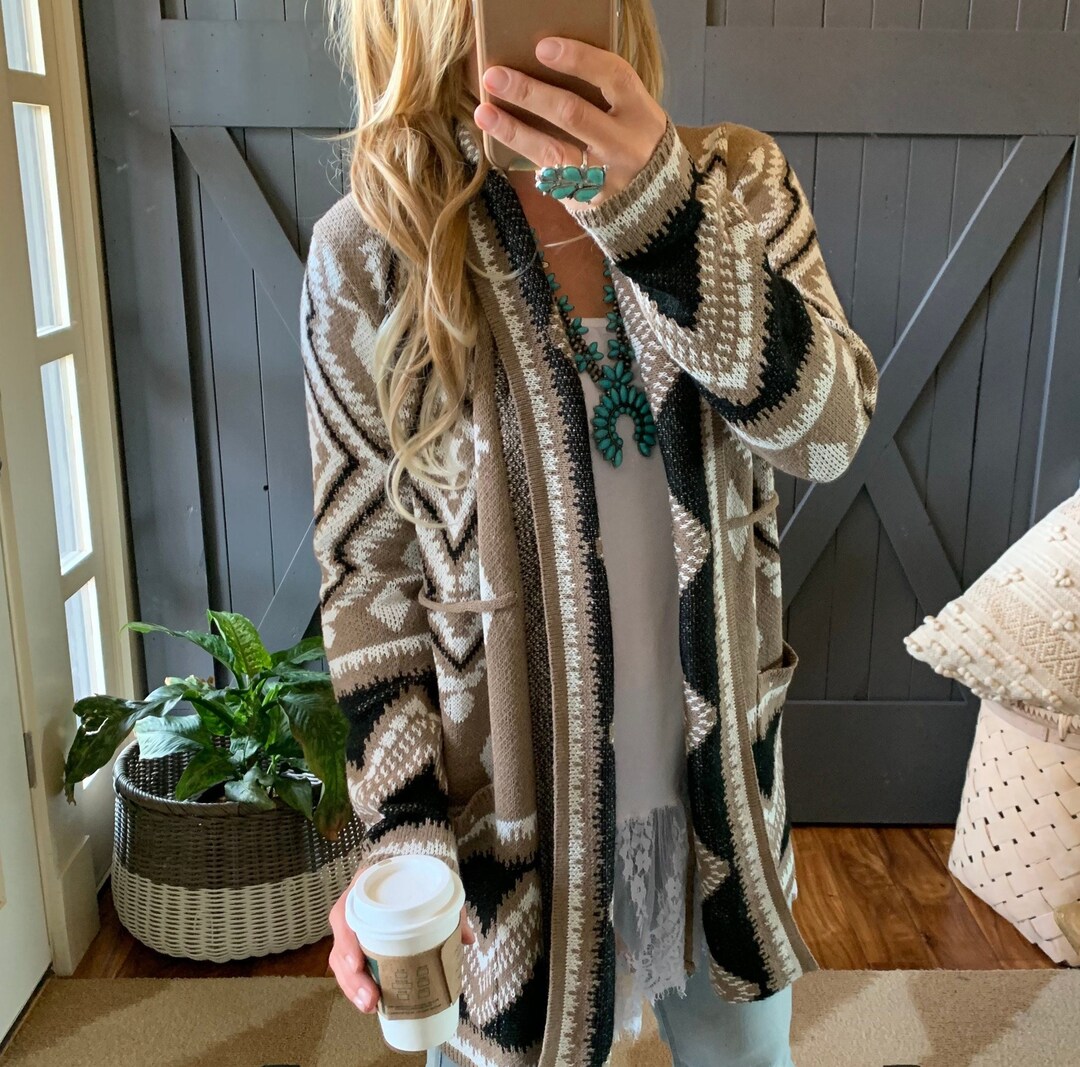 New Women's Boho Tribal Print Grey Long Cardigan Sweater - Etsy