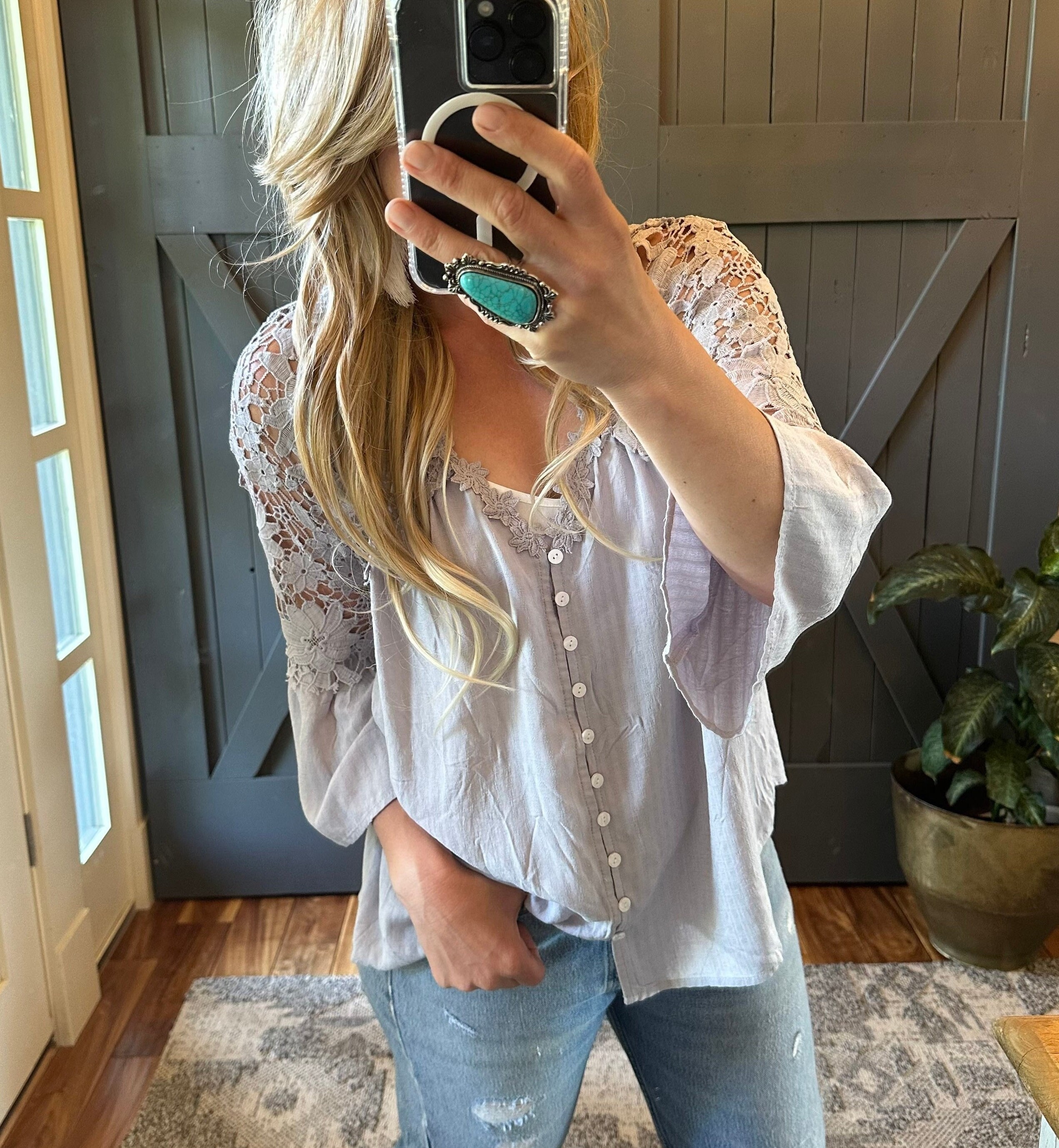 New Women's Grey Lace 3/4 Sleeve Button Front Oversized