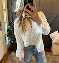 Crochet Lace Button-Front Blouse: Handmade White Cotton Boho Top