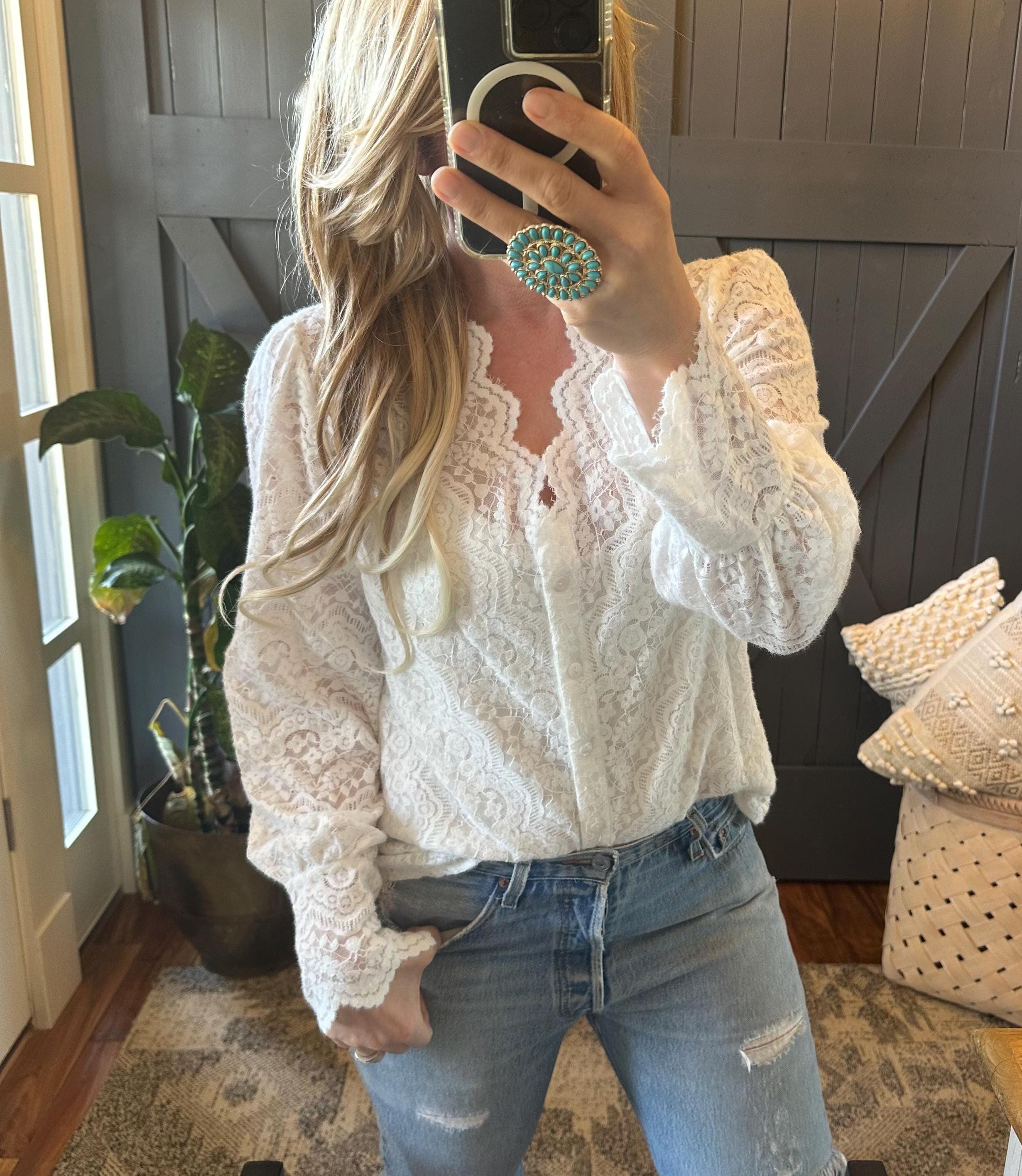 Handmade Scalloped Lace Blouse: Romantic Long Sleeve Button-front 