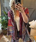 Handmade Bohemian Lavender Tribe Cardigan, Loom Knit Red Tassel Robe, Women's Crochet Sweater Jacket