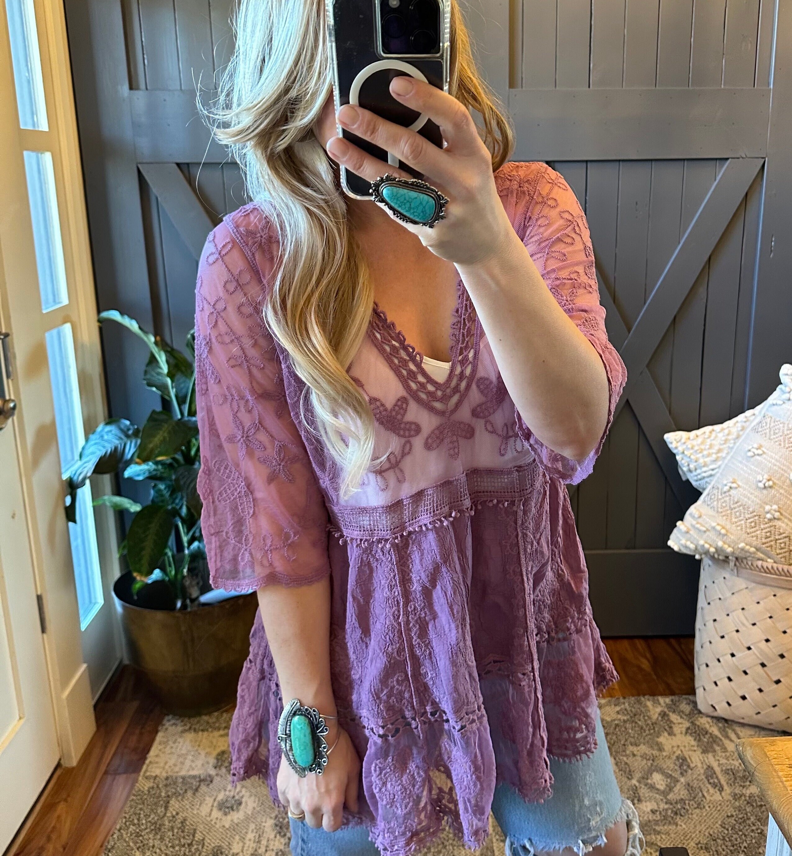 The Hailey Lilac Crochet Lace Blouse by Lavender Tribe