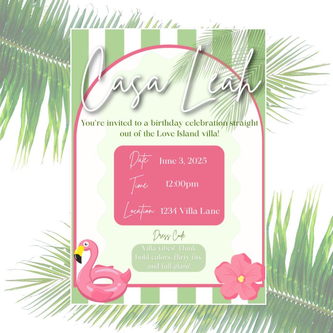Love Island Casa Amor Inspired Villa Vibes Editable Birthday Invitation