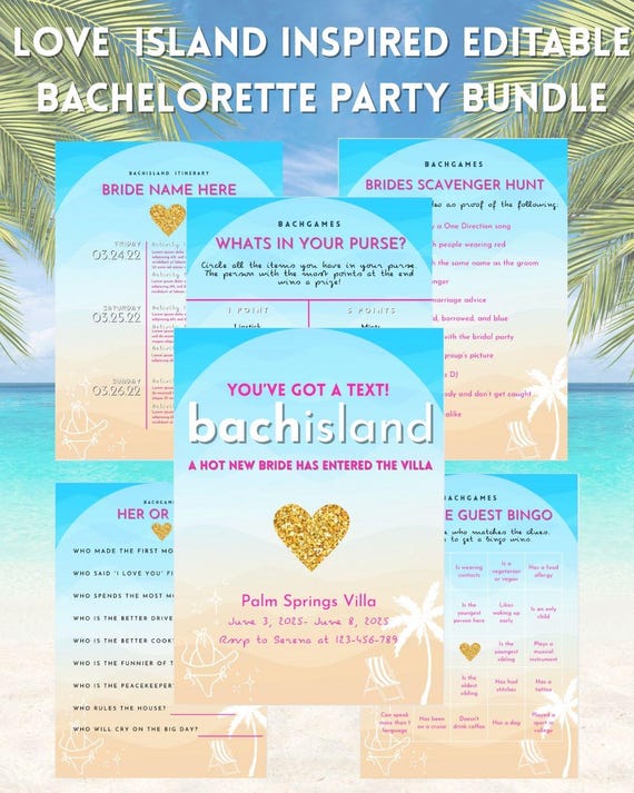 BUNDLE: Love Island Inspired Bachelorette Trip Editable Invitation, Itinerary, and Games