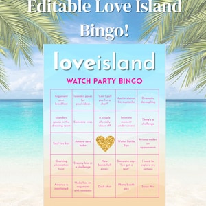 Festa de Bingo Love Island USA Temporada 7 | 3 Variações Inclusas | Modelo Editável | Cartão de Bingo em Branco Incluso