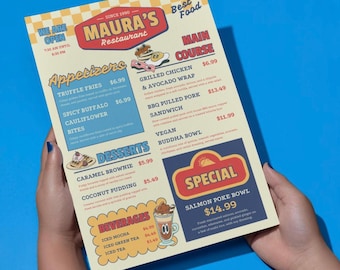 May include: A restaurant menu with a retro design, held by hands against a blue background. The menu features appetizers, main courses, desserts, and beverages. The restaurant is called Maura's, and the menu includes items like truffle fries, caramel brownie, and salmon poke bowl.