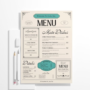 Pode incluir: Um menu de restaurante com o texto "Welcome to Lola, Inc." e "MENU" em uma fonte decorativa. O menu lista aperitivos, pratos principais, bebidas, sobremesas e complementos. Um lápis e uma caneta estão à esquerda.