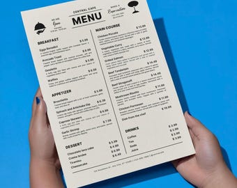 May include: A restaurant menu with breakfast, appetizer, main course, dessert, and drink options. The menu is held by a person against a blue background. The menu includes items like Eggs Benedict, Chicken Piccata, and Chocolate lava cake.