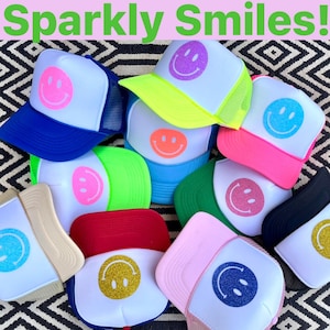 Sparkly Smiley Face Trucker Hat, Summer Two-Tone Hat